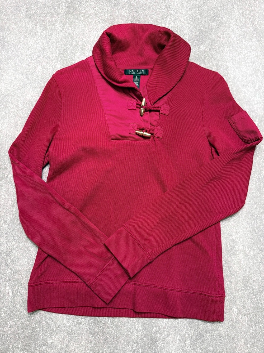 EUC Lauren Ralph Lauren Toggle Clasp Shawl Collar Red Ribbed Pullover Size Small